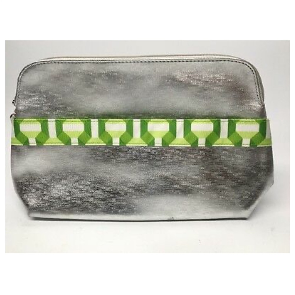 NWT Clinique silver cosmetic bag with top zipper